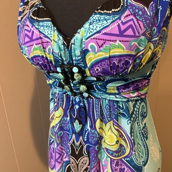 Bisou Bisou silky stretch ruched strap & empire waistband bead buckle maxi. Sz 4 - Picture 7 of 9